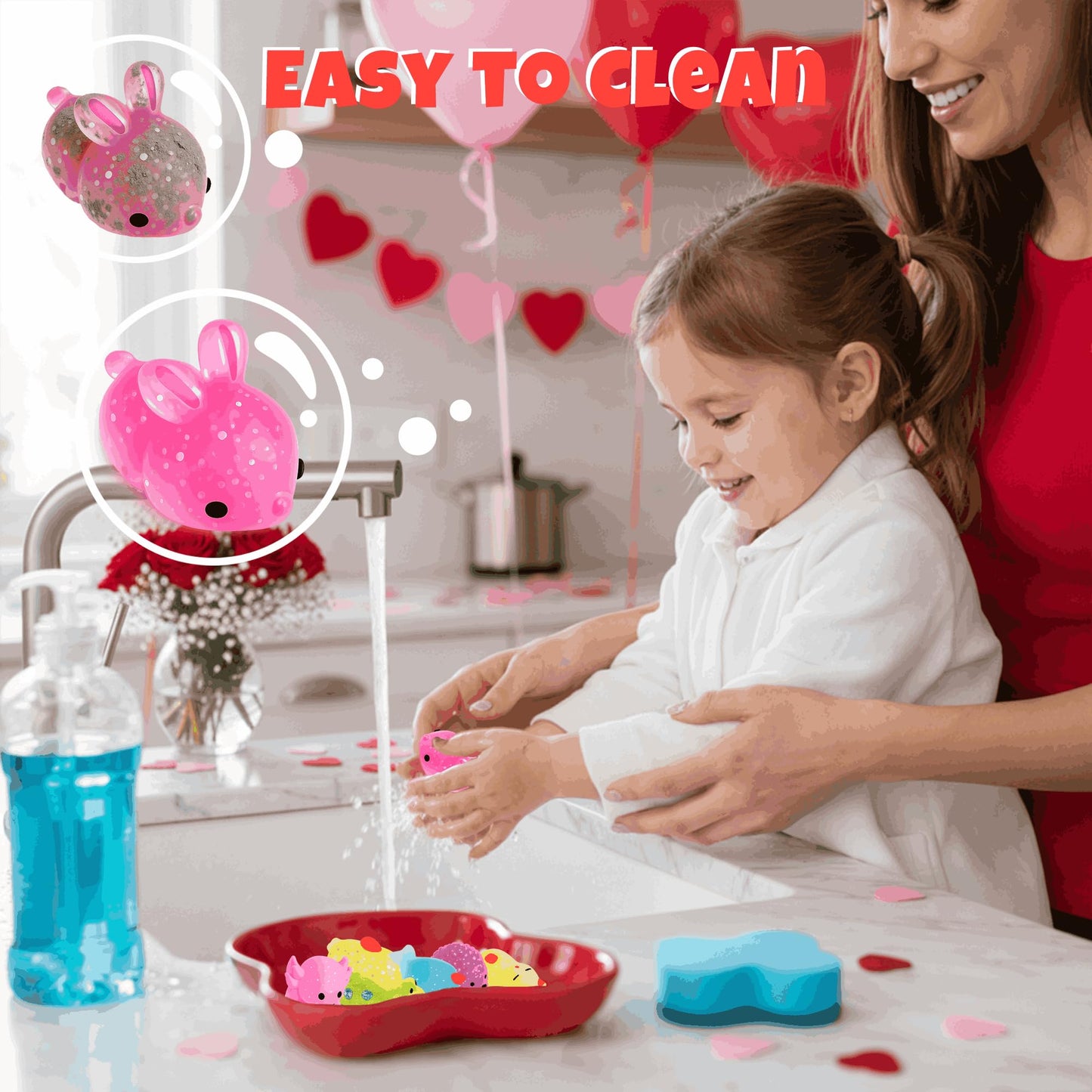 Juchuar Valentines Day Cards for Kids – 30-Pack Glitter Mochi Squishy Valentines for Class