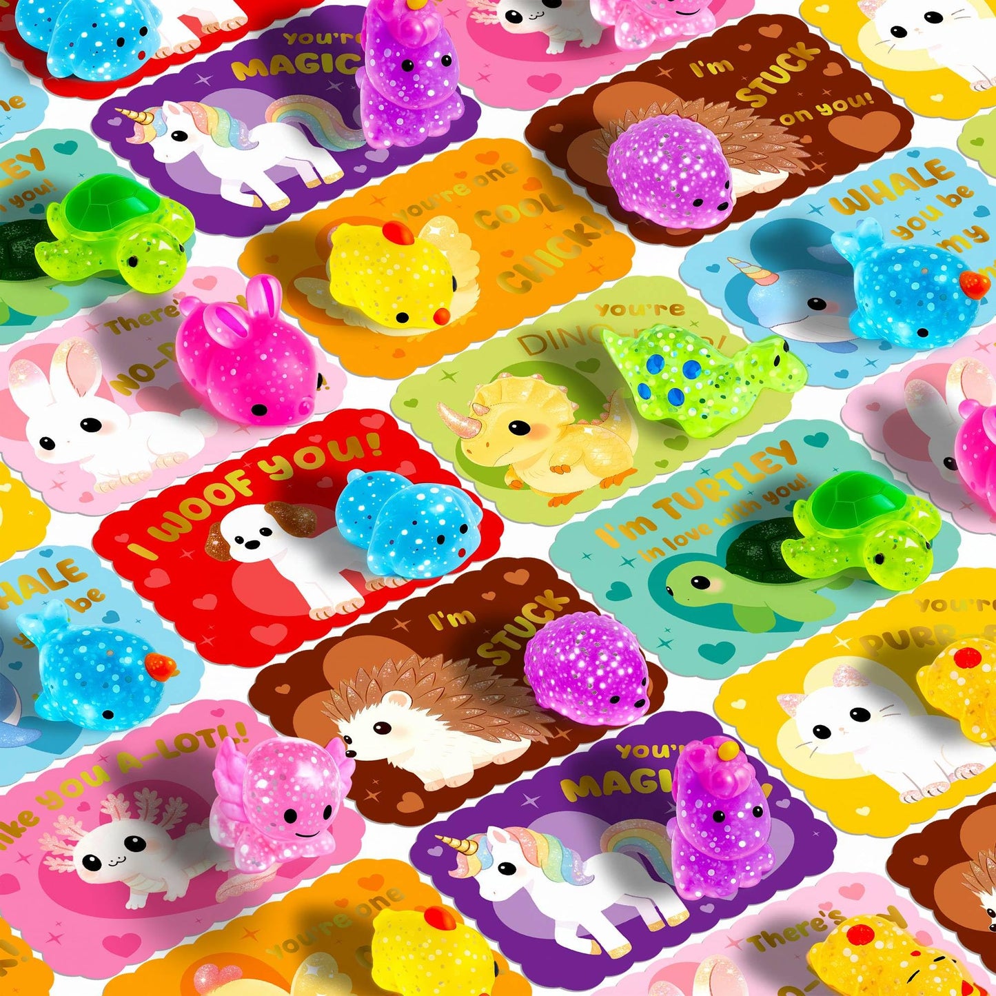 Juchuar Valentines Day Cards for Kids – 30-Pack Glitter Mochi Squishy Valentines for Class