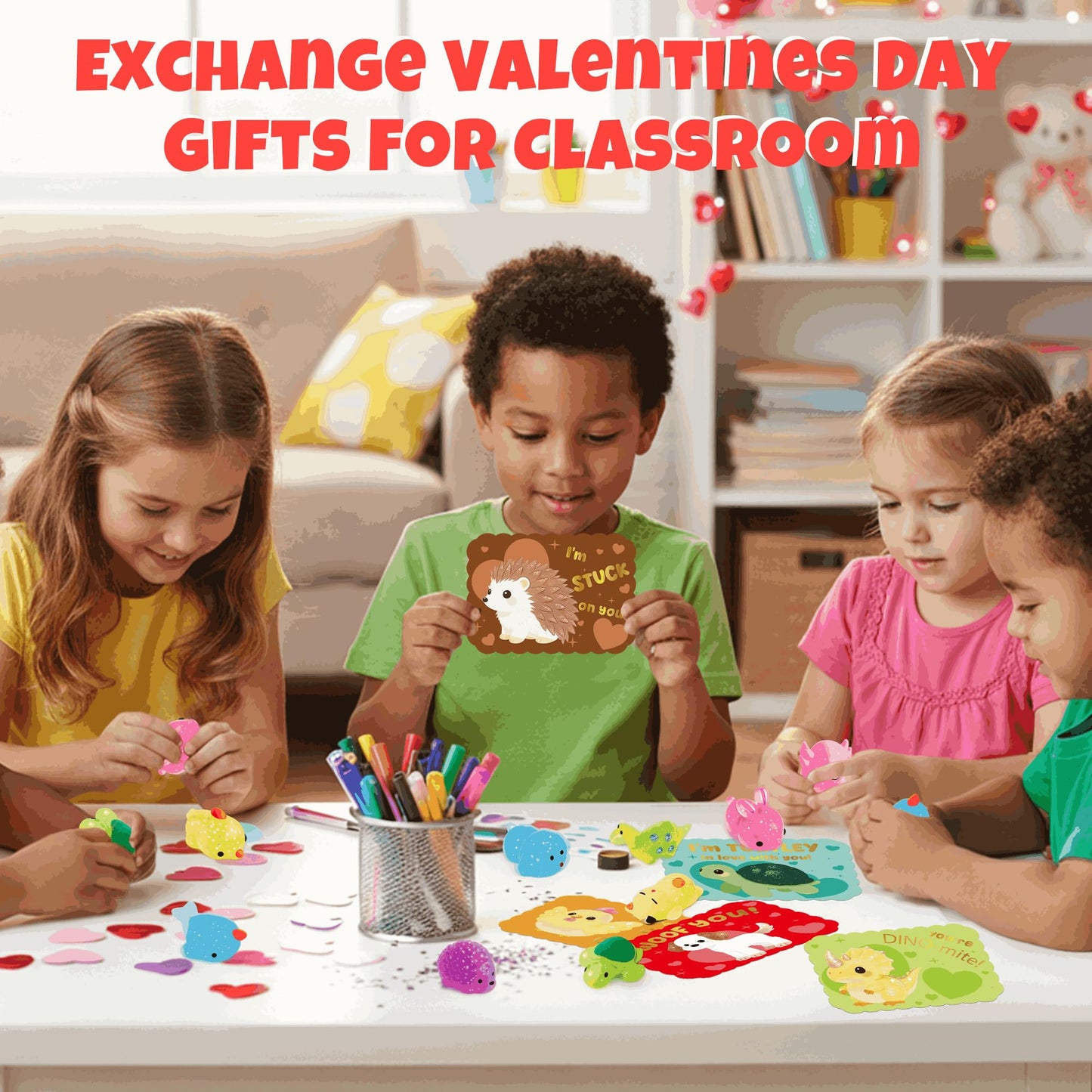 Juchuar Valentines Day Cards for Kids – 30-Pack Glitter Mochi Squishy Valentines for Class