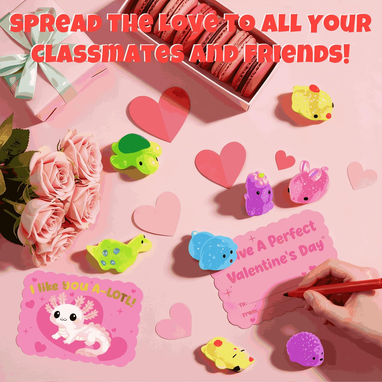 Juchuar Valentines Day Cards for Kids – 30-Pack Glitter Mochi Squishy Valentines for Class
