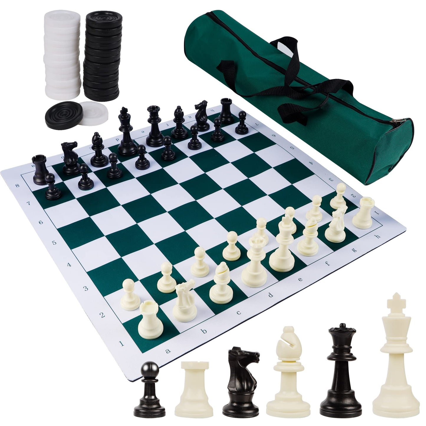 Juegoal 20" Portable Chess & Checkers Set – 2-in-1 Travel Board with Roll-Up Mat