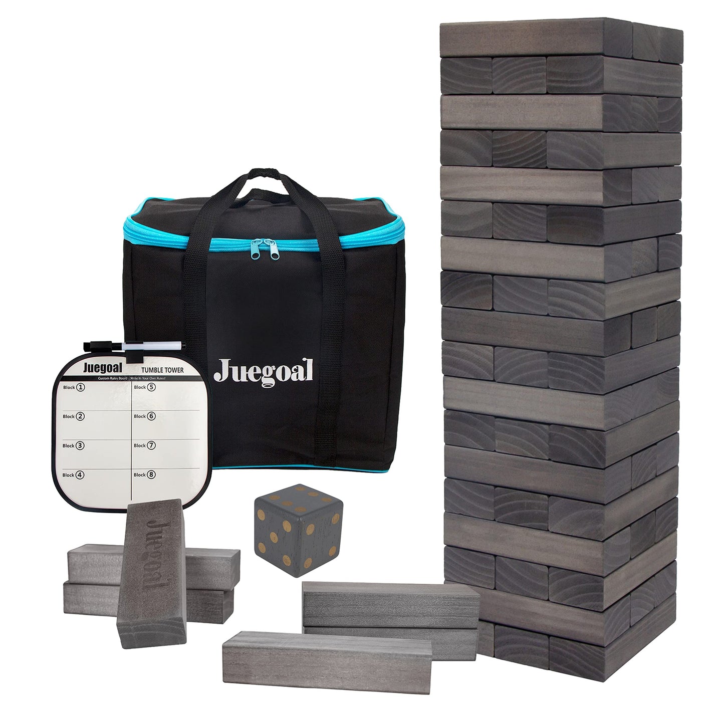 Juegoal 54-Piece Giant Tumble Tower Blocks – Wooden Stacking Game with Dice & Bag