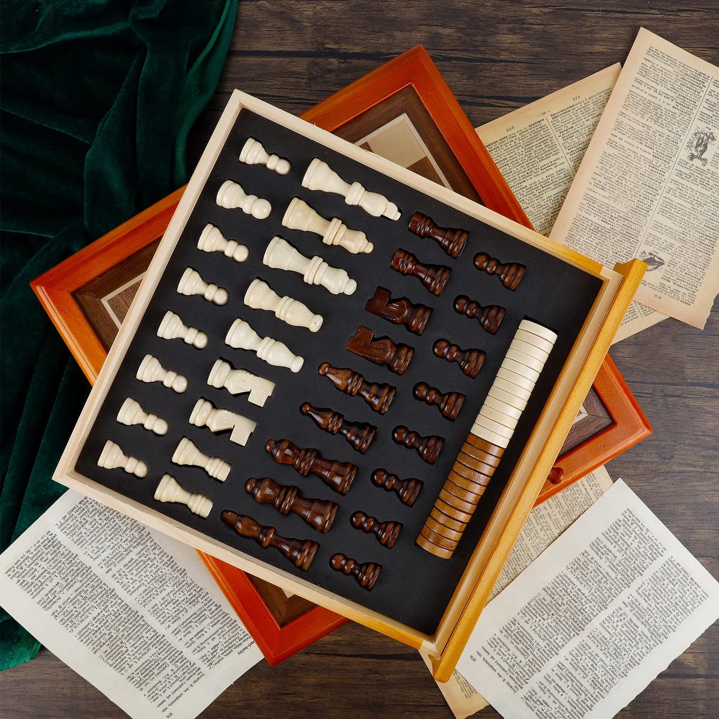 Juegoal 12-Inch Wooden Chess & Checkers Set with Storage Drawer