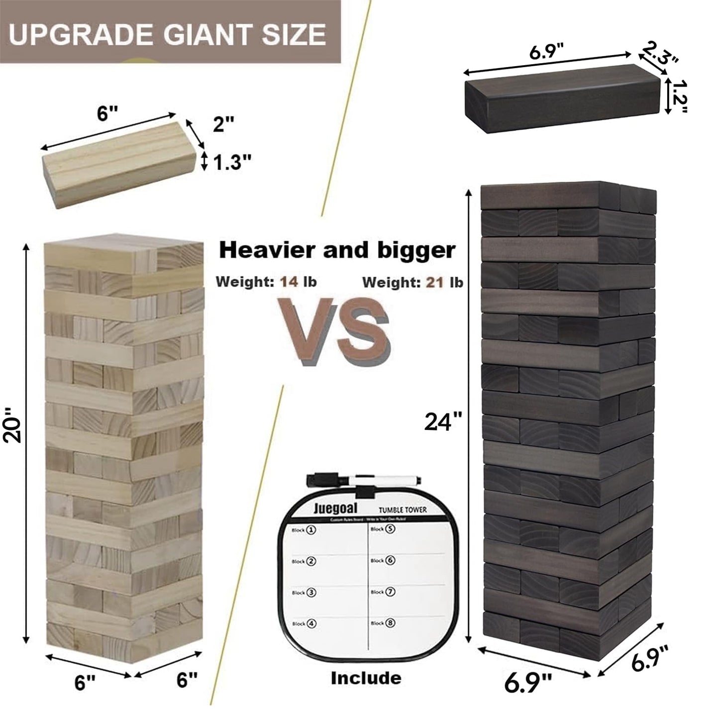 Juegoal 54-Piece Giant Tumble Tower Grey – Outdoor Wooden Block Game for All Ages