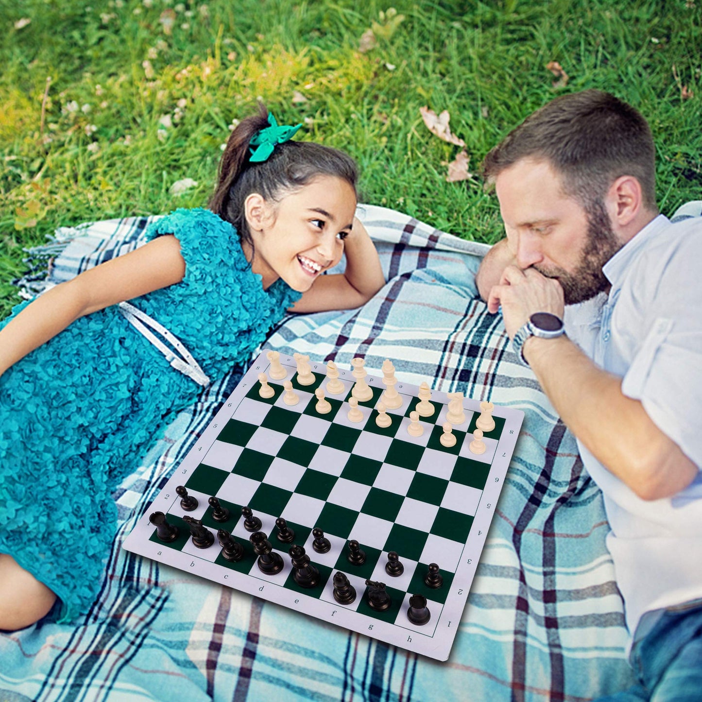 Juegoal 20" Portable Chess & Checkers Set – 2-in-1 Travel Board with Roll-Up Mat