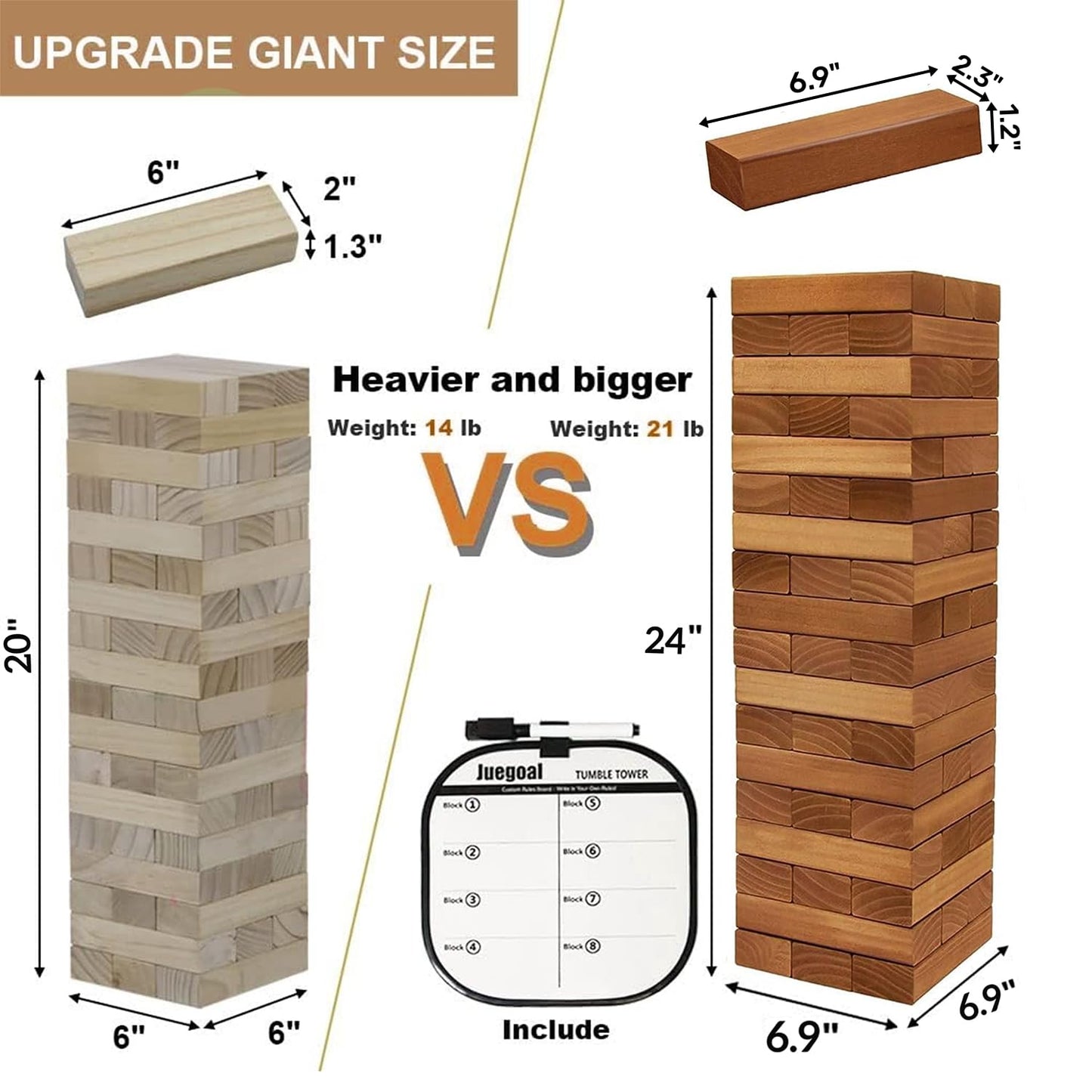 Juegoal 54-Piece Giant Tumble Tower — Wooden Block Game for Family & Outdoor Fun