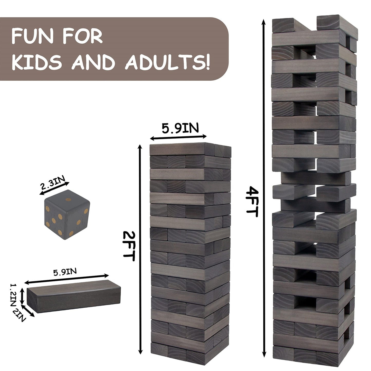 Juegoal 54-Piece Giant Tumble Tower Blocks – Wooden Stacking Game with Dice & Bag