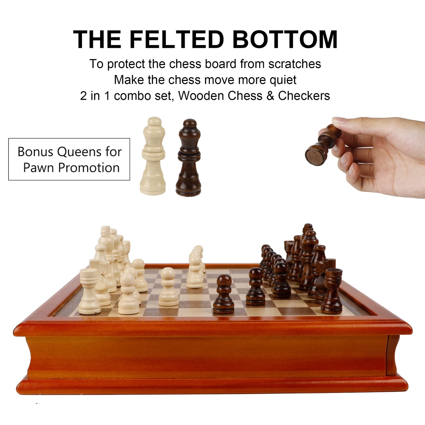 Juegoal 12-Inch Wooden Chess & Checkers Set with Storage Drawer