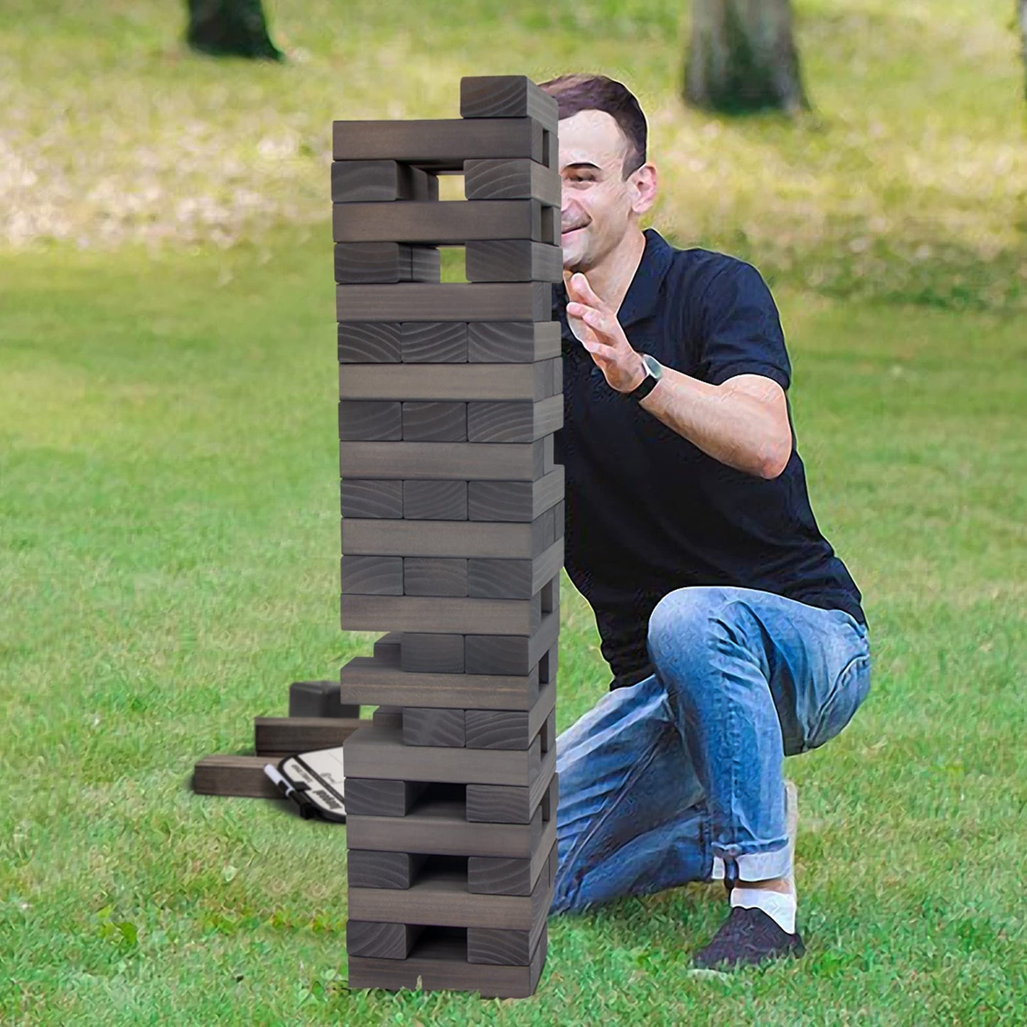 Juegoal 54-Piece Giant Tumble Tower Blocks – Wooden Stacking Game with Dice & Bag