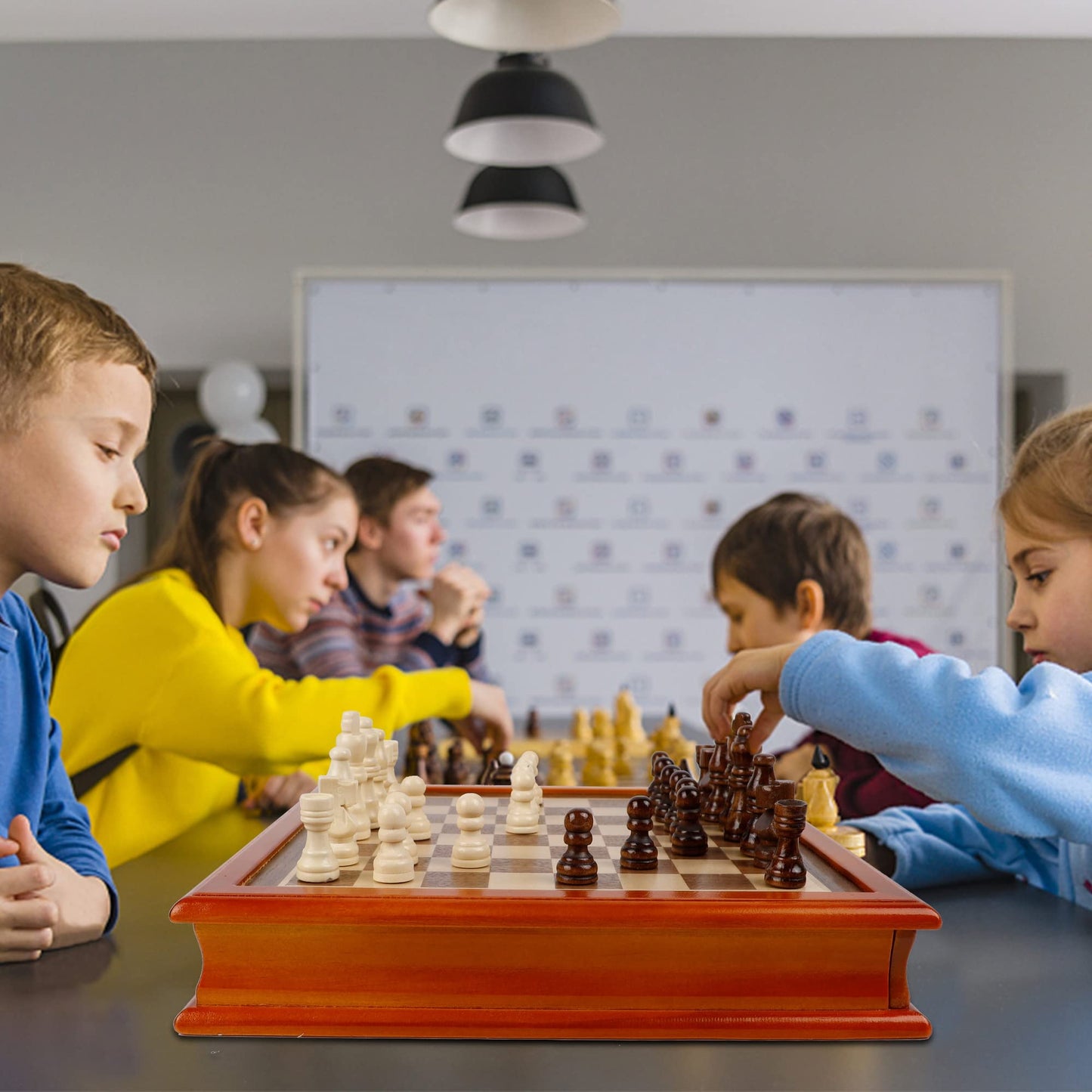 Juegoal 12-Inch Wooden Chess & Checkers Set with Storage Drawer