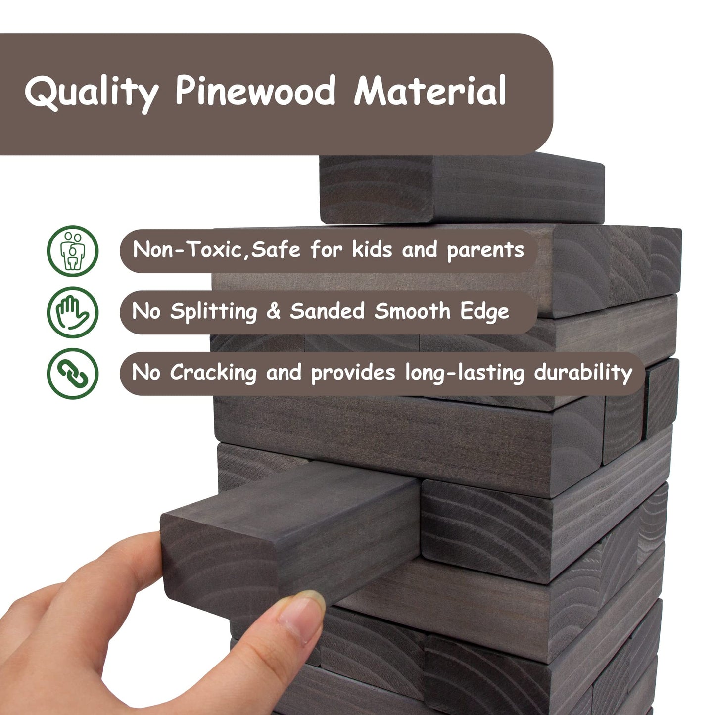 Juegoal 54-Piece Giant Tumble Tower Blocks – Wooden Stacking Game with Dice & Bag