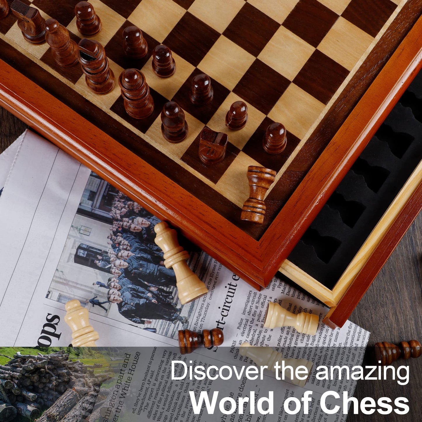 Juegoal 12-Inch Wooden Chess & Checkers Set with Storage Drawer