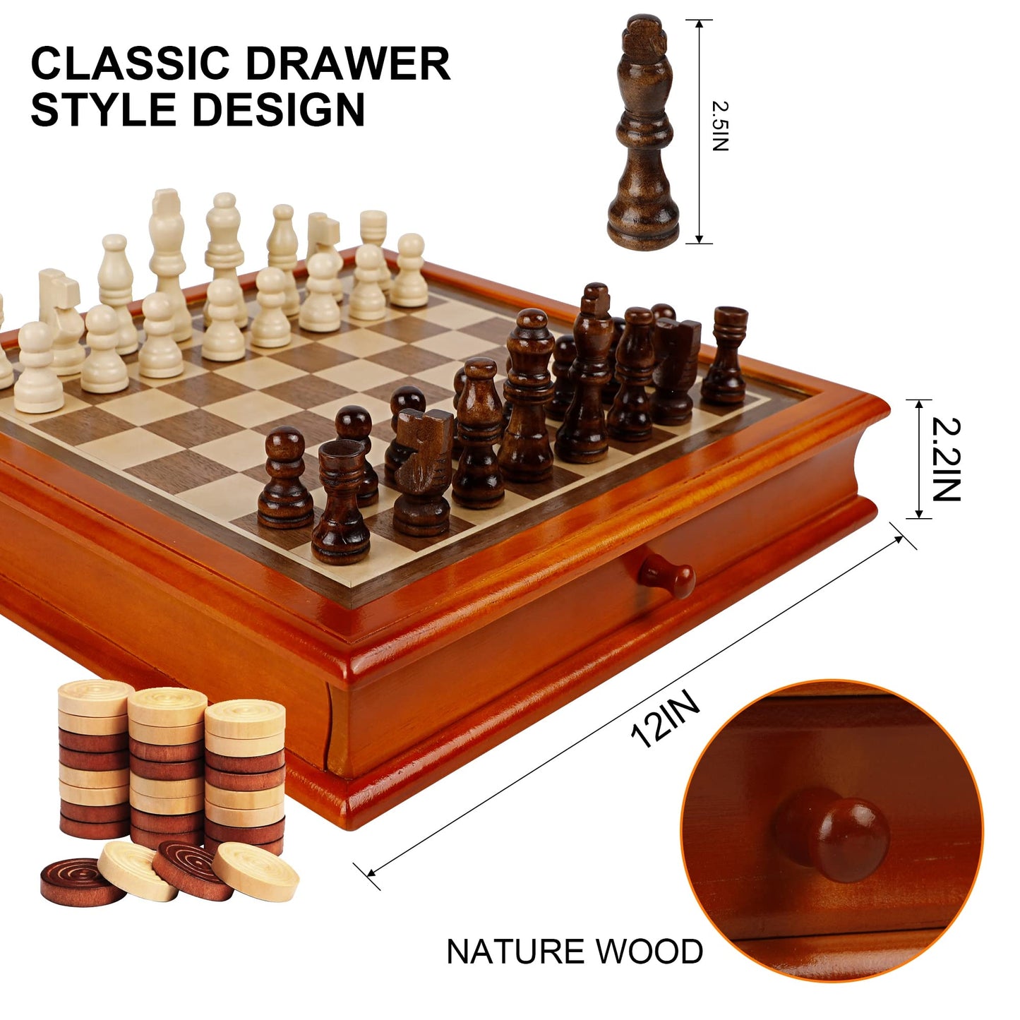 Juegoal 12-Inch Wooden Chess & Checkers Set with Storage Drawer