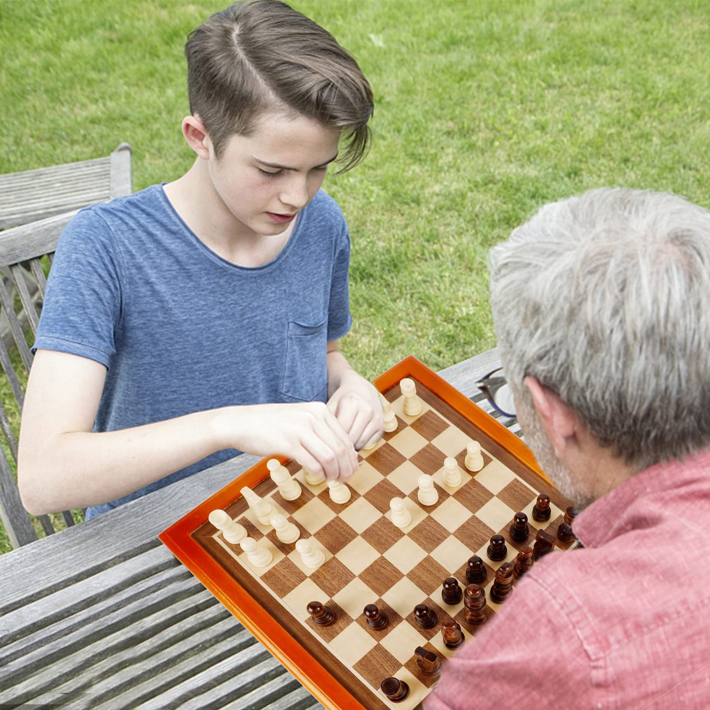 Juegoal 12-Inch Wooden Chess & Checkers Set with Storage Drawer