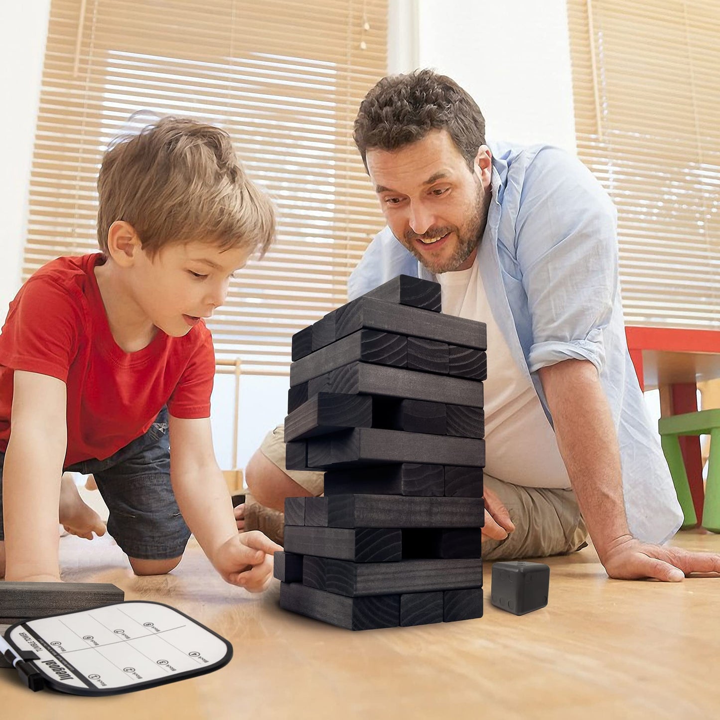 Juegoal 54-Piece Giant Tumble Tower Blocks – Wooden Stacking Game with Dice & Bag