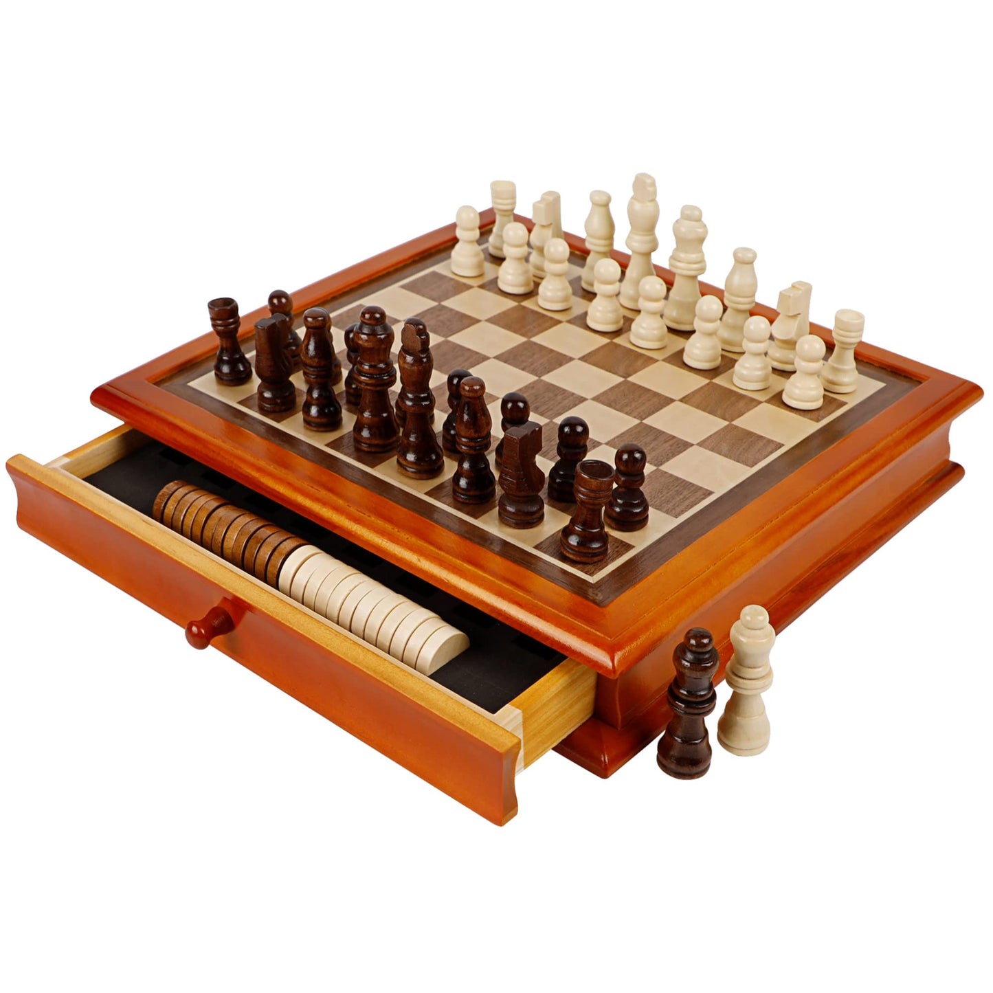 Juegoal 12-Inch Wooden Chess & Checkers Set with Storage Drawer