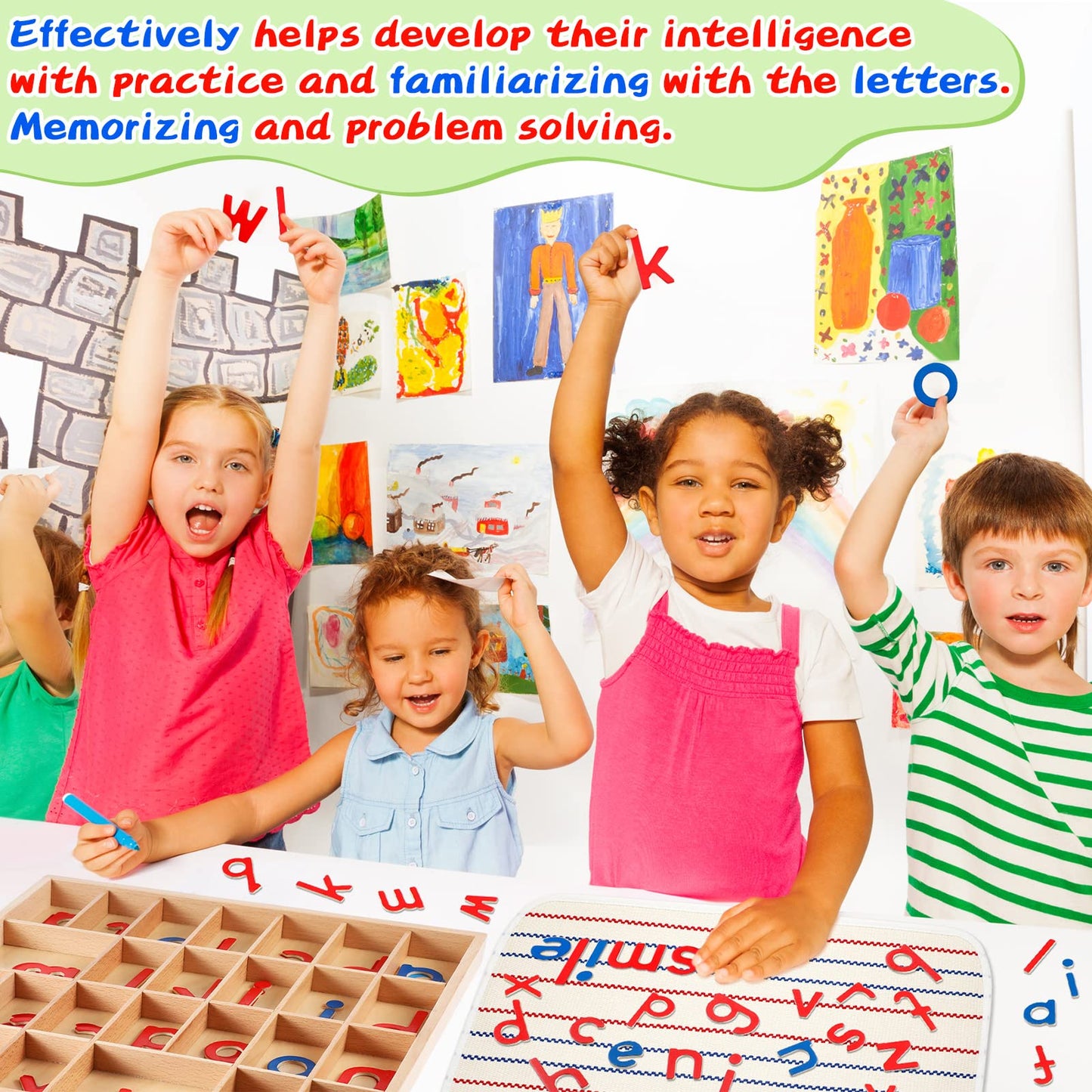 Juexica Montessori Letters Movable Wood Alphabet with Box & Large Mat | Preschool Spelling & Language Learning