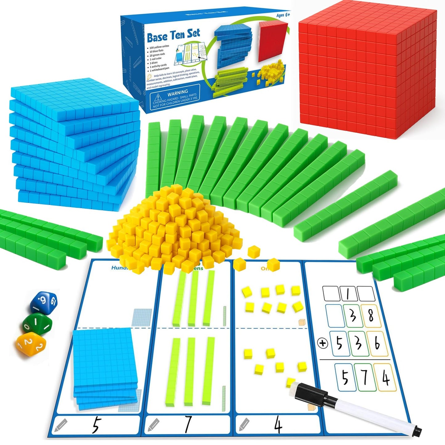 JUGGPENG Base Ten Blocks with Place Value Chart – 137 Pcs Math Manipulatives