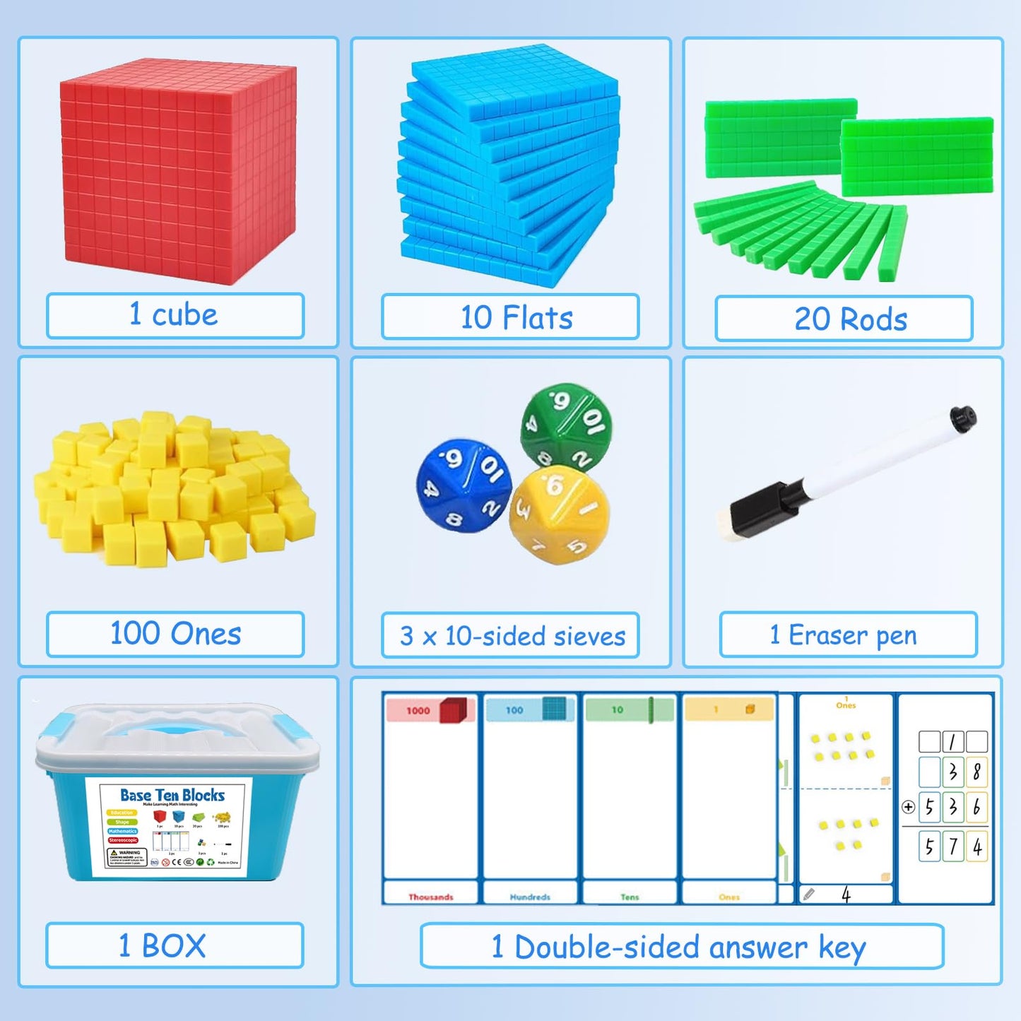 JUGGPENG Base Ten Blocks Kit – 137 Pcs Place Value Math Cubes for K-4
