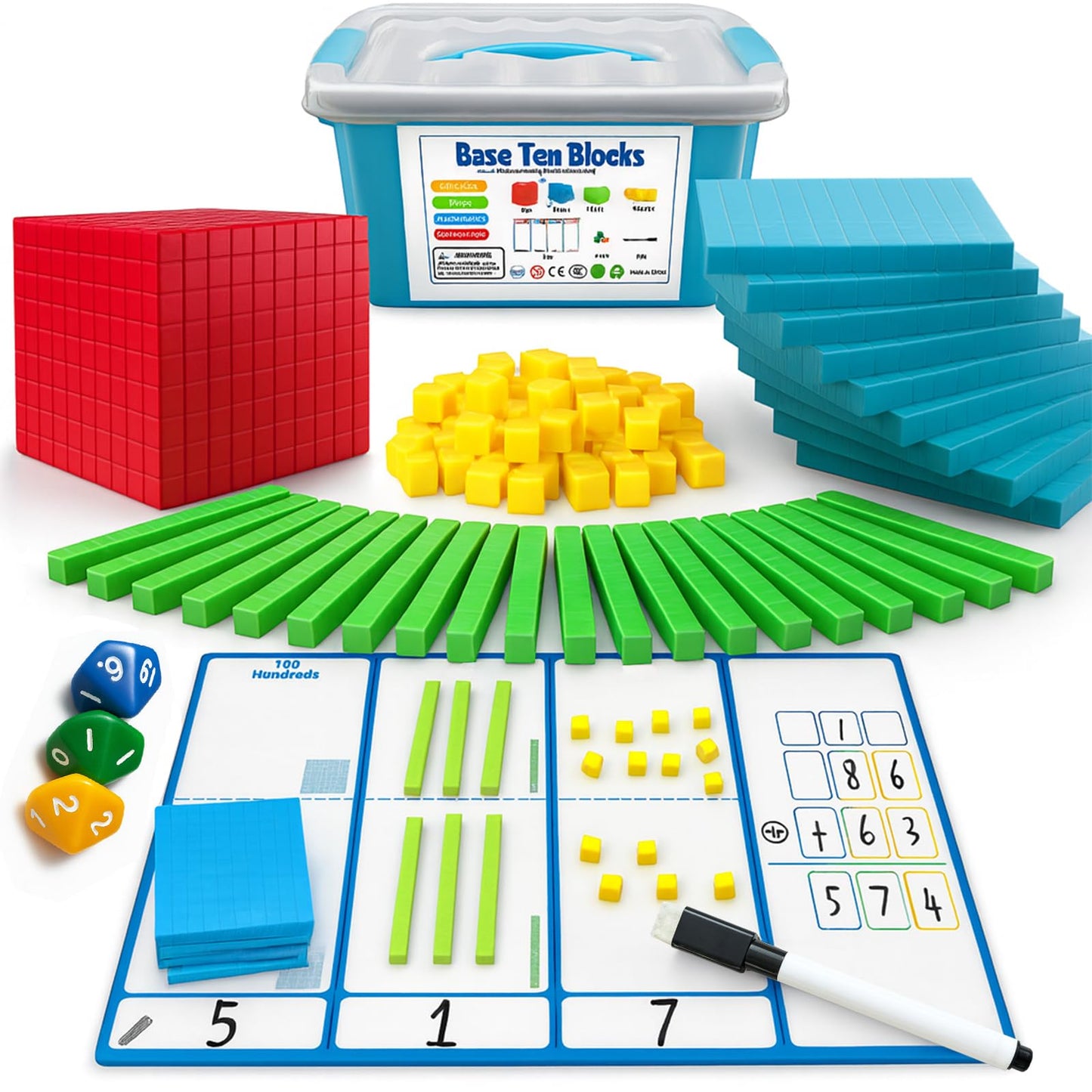 JUGGPENG Base Ten Blocks Kit – 137 Pcs Place Value Math Cubes for K-4