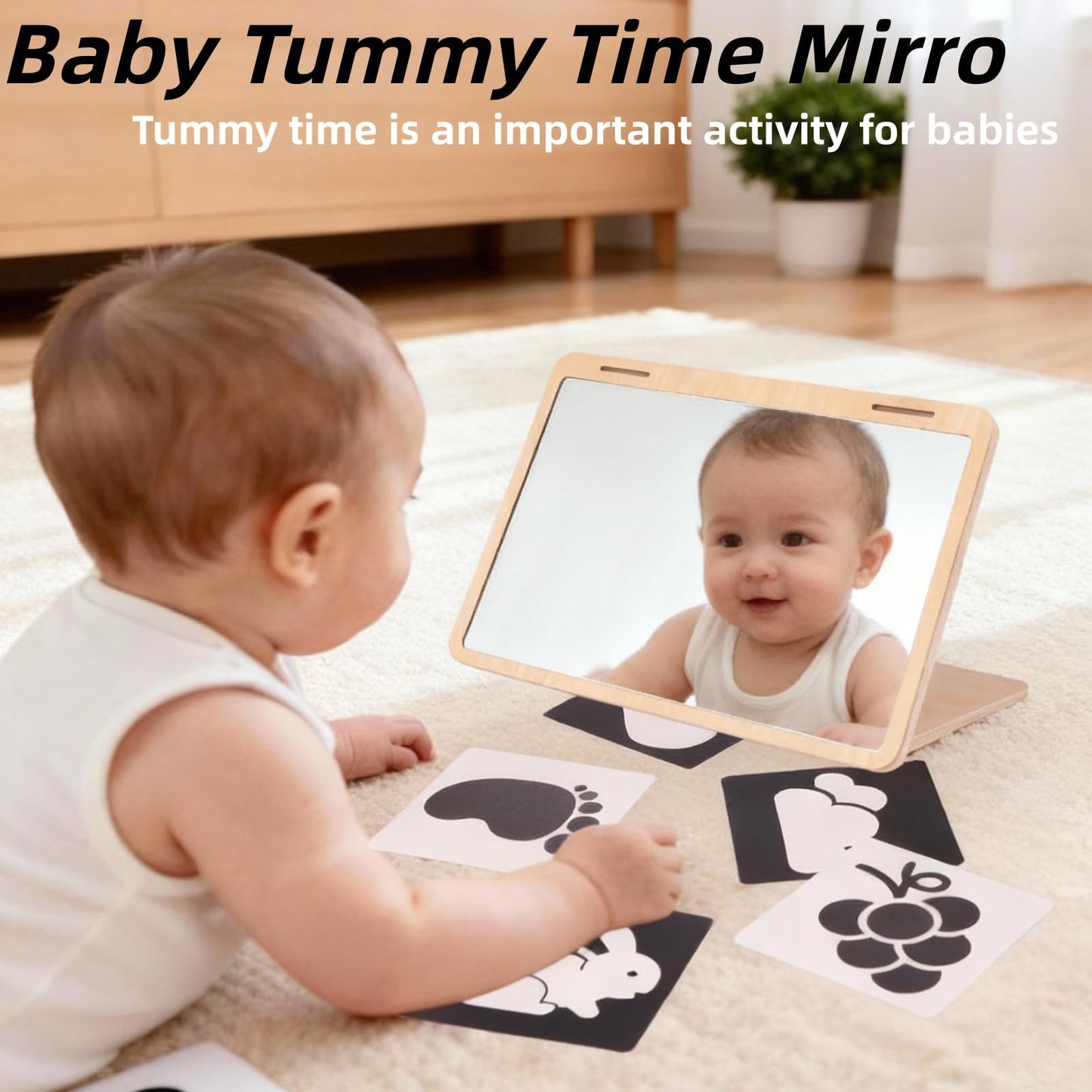 Juhg Tummy Time Mirror – Large Double-Sided Baby Mirror with High-Contrast Cards & Adjustable Angle