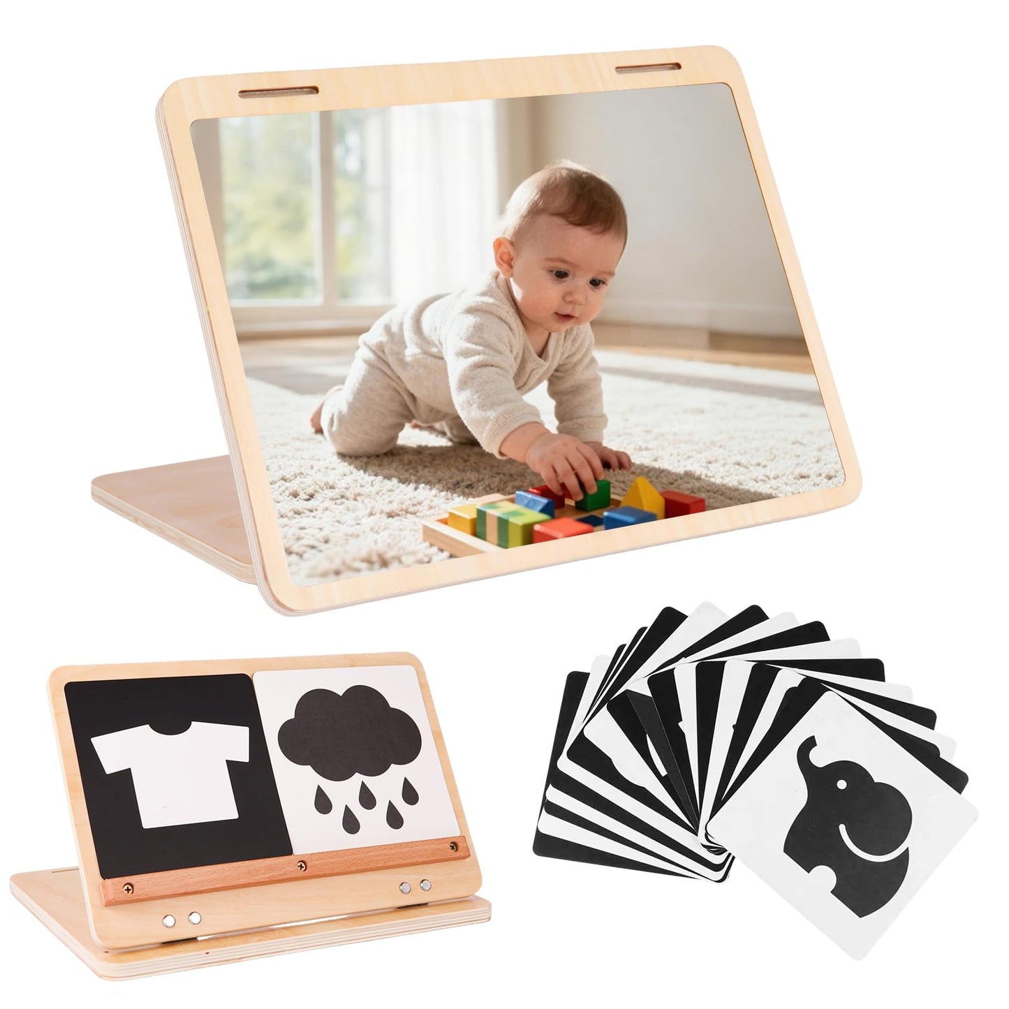 Juhg Tummy Time Mirror – Large Double-Sided Baby Mirror with High-Contrast Cards & Adjustable Angle