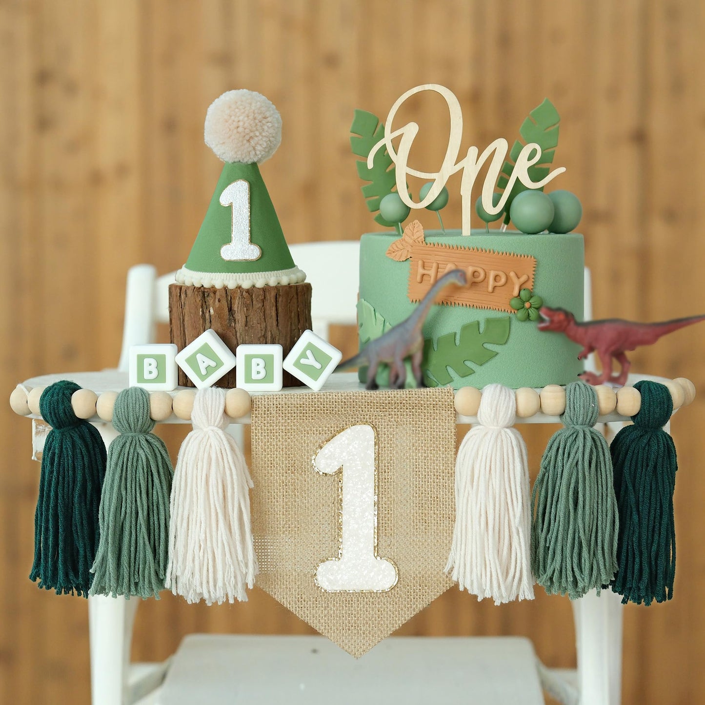 JUIIZAY First Birthday Banner Set – Green High Chair Banner, Crown Cake Topper, 1st Birthday Decor