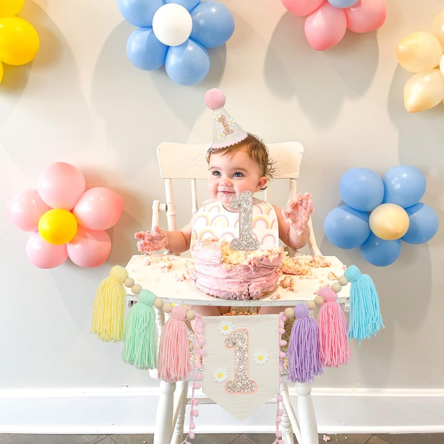 JUIIZAY Baby First Birthday Decorations — Macaron High Chair Banner, Daisy Crown & Cake Topper