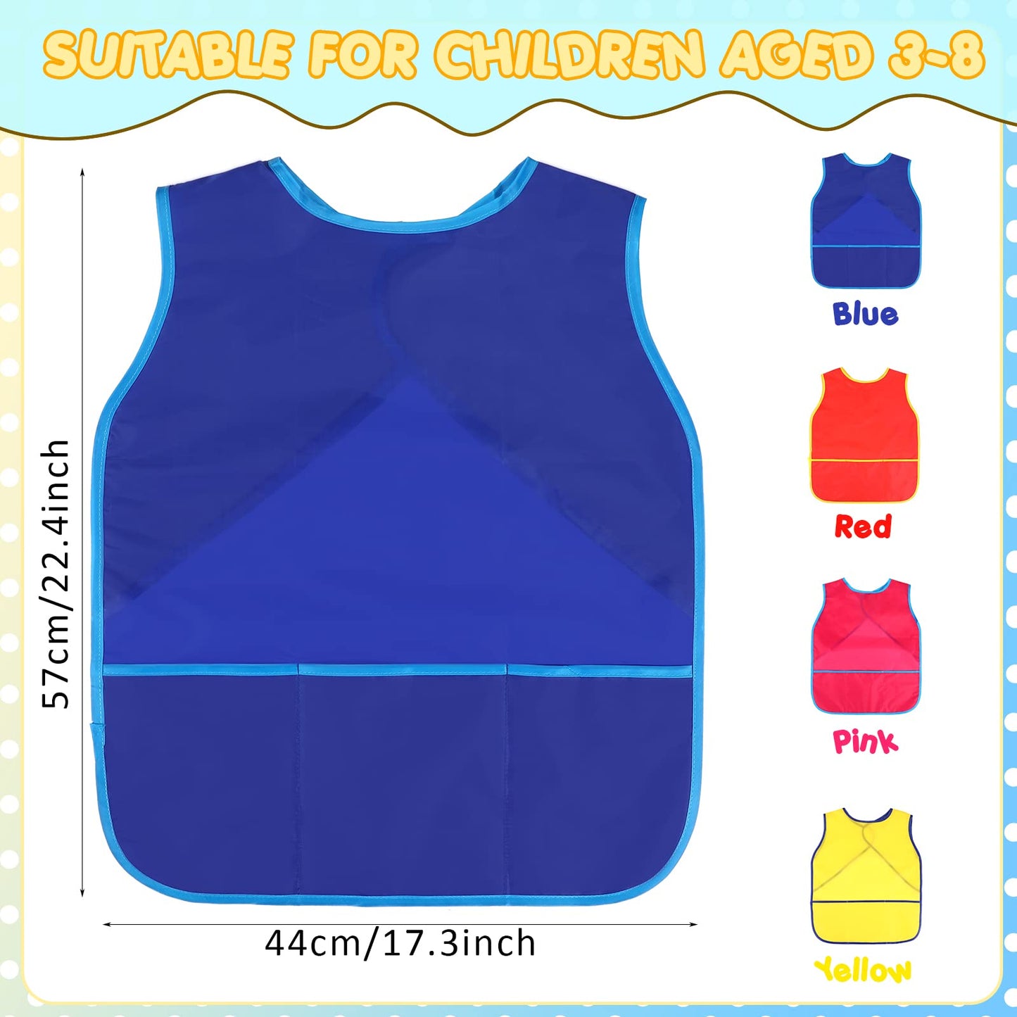Juinipe 12 Pcs Art Smock for Kids – Waterproof Sleeveless Painting Aprons with Pockets, Ages 3–8, Multicolor