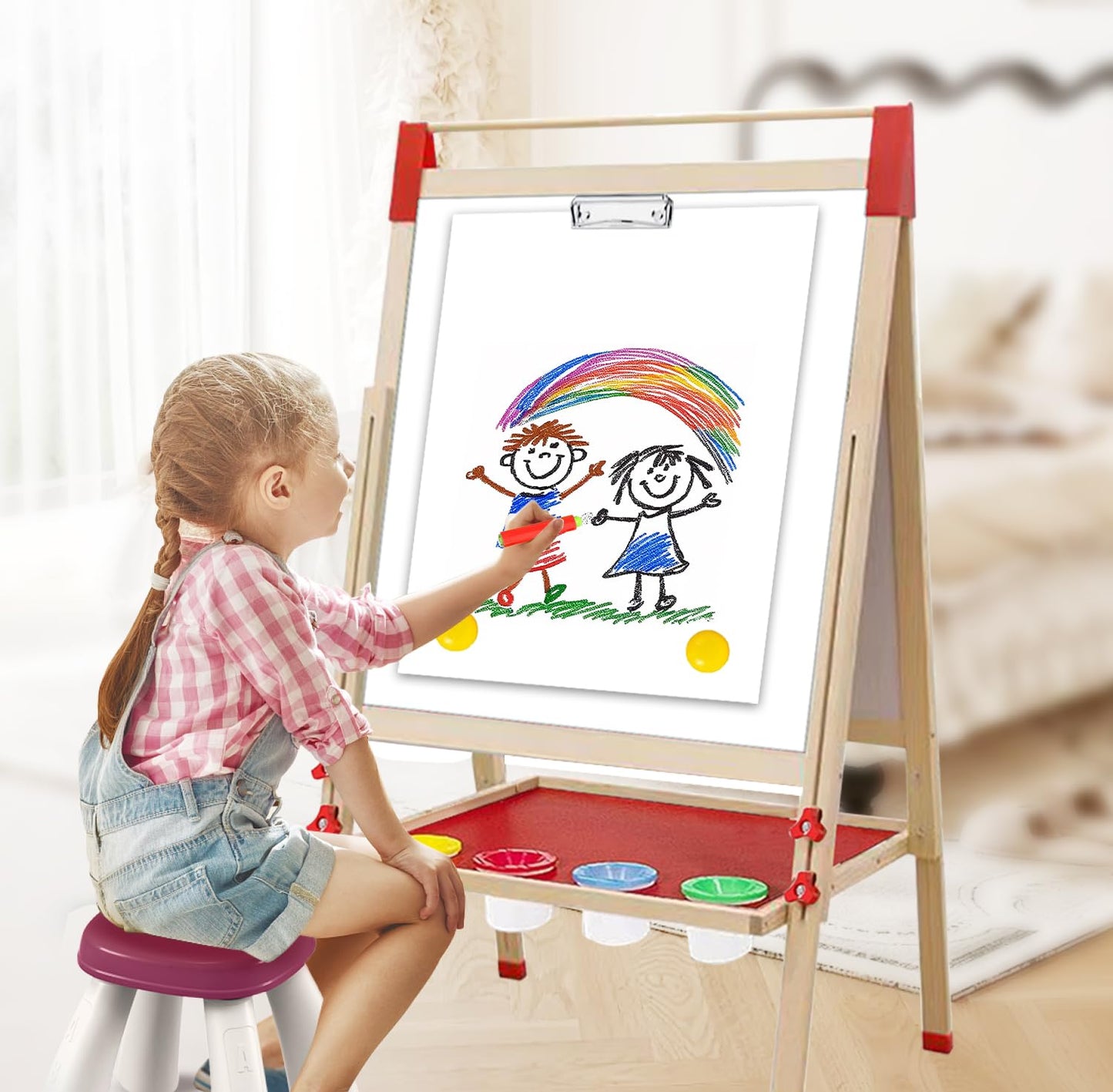 Juivin Double-Sided Magnetic Wood Art Easel for Kids | Adjustable Height Chalkboard & Board