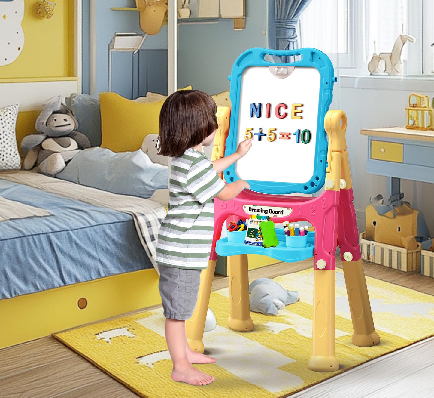 Juivin Art Easel for Kids – Double-Sided Magnetic Drawing Board with Letters & Numbers, Adjustable Standing Easel (Blue)