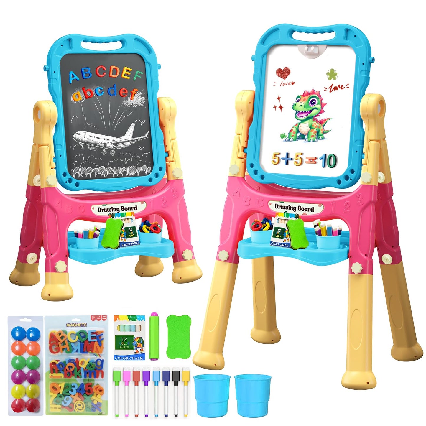 Juivin Art Easel for Kids – Double-Sided Magnetic Drawing Board with Letters & Numbers, Adjustable Standing Easel (Blue)