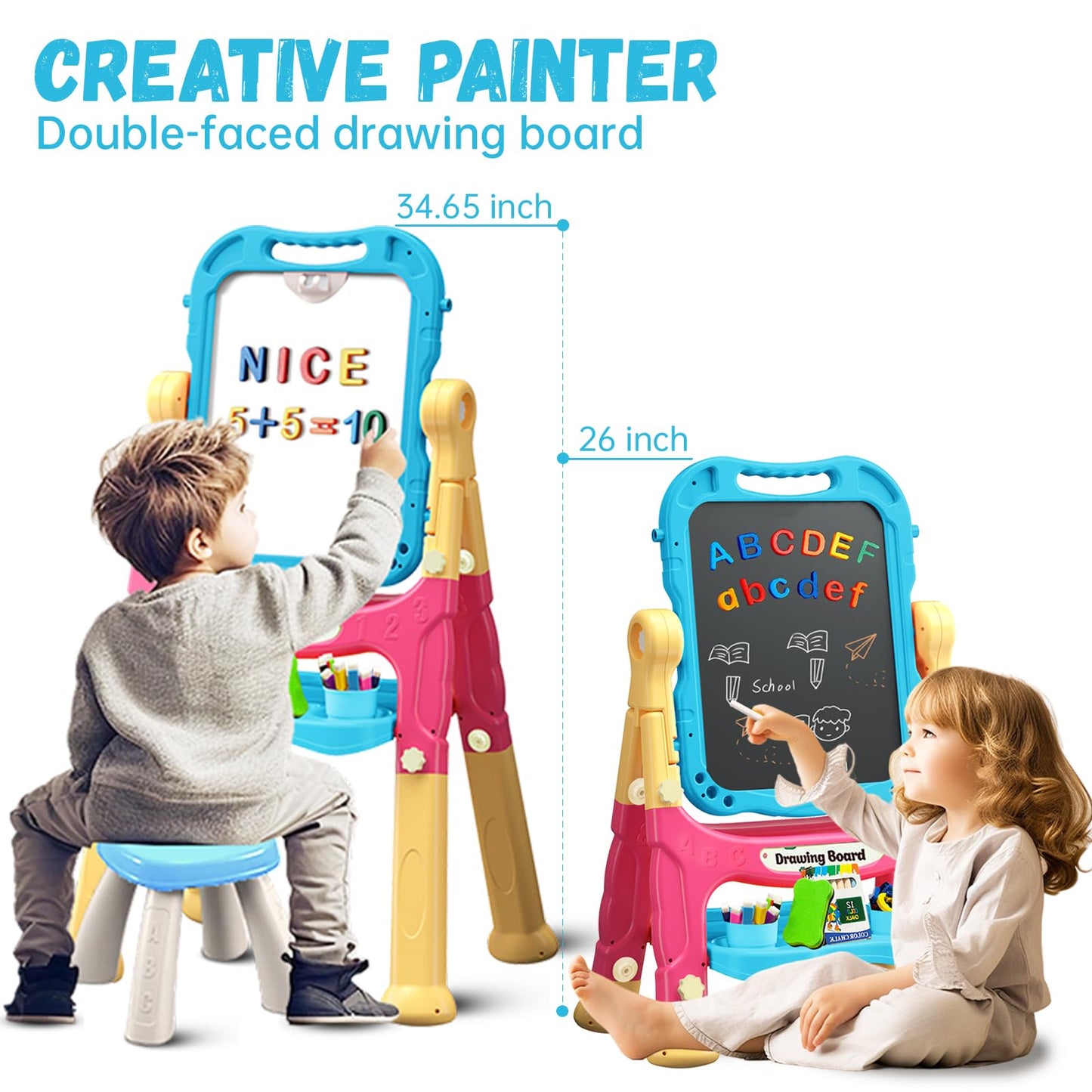 Juivin Art Easel for Kids – Double-Sided Magnetic Drawing Board with Letters & Numbers, Adjustable Standing Easel (Blue)