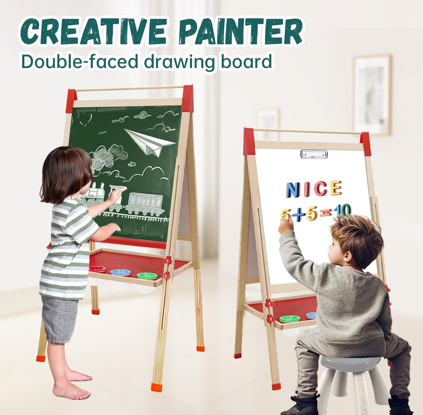 Juivin Double-Sided Magnetic Wood Art Easel for Kids | Adjustable Height Chalkboard & Board