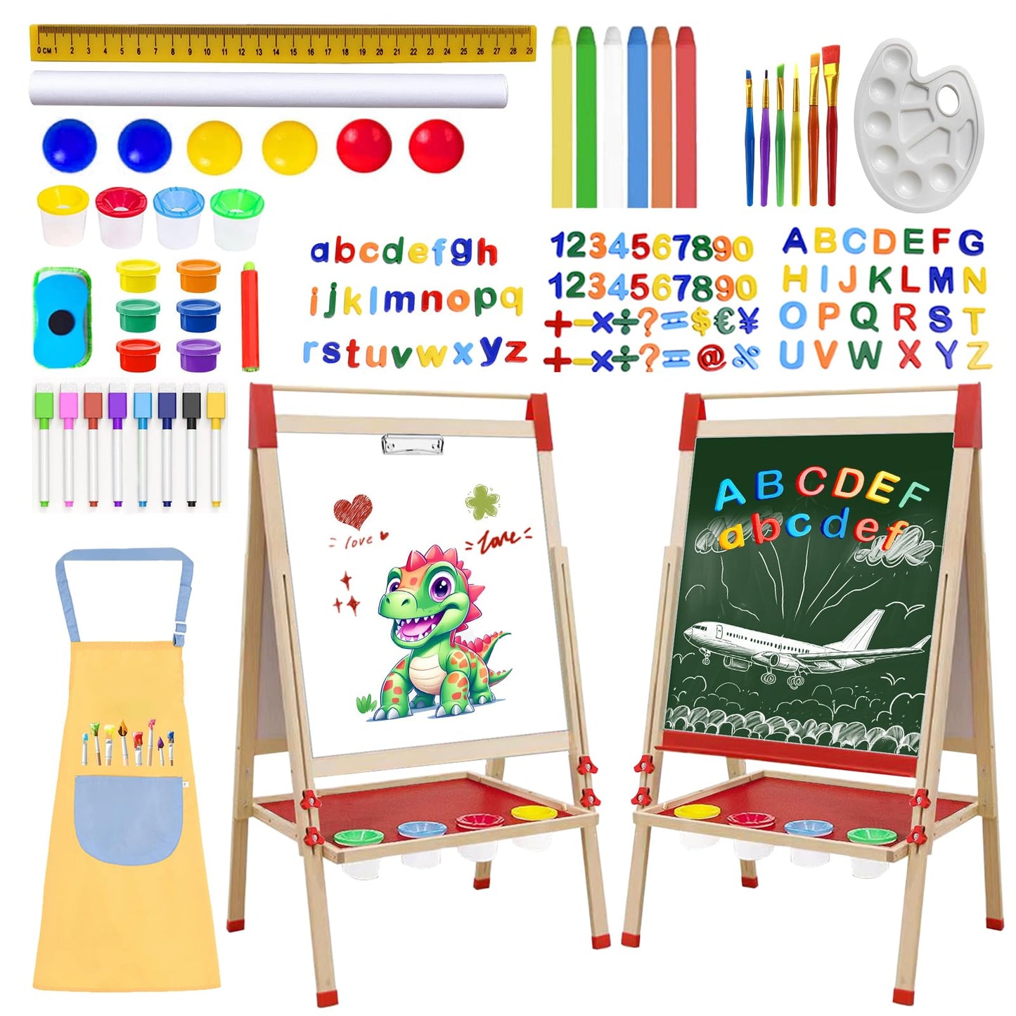 Juivin Double-Sided Magnetic Wood Art Easel for Kids | Adjustable Height Chalkboard & Board