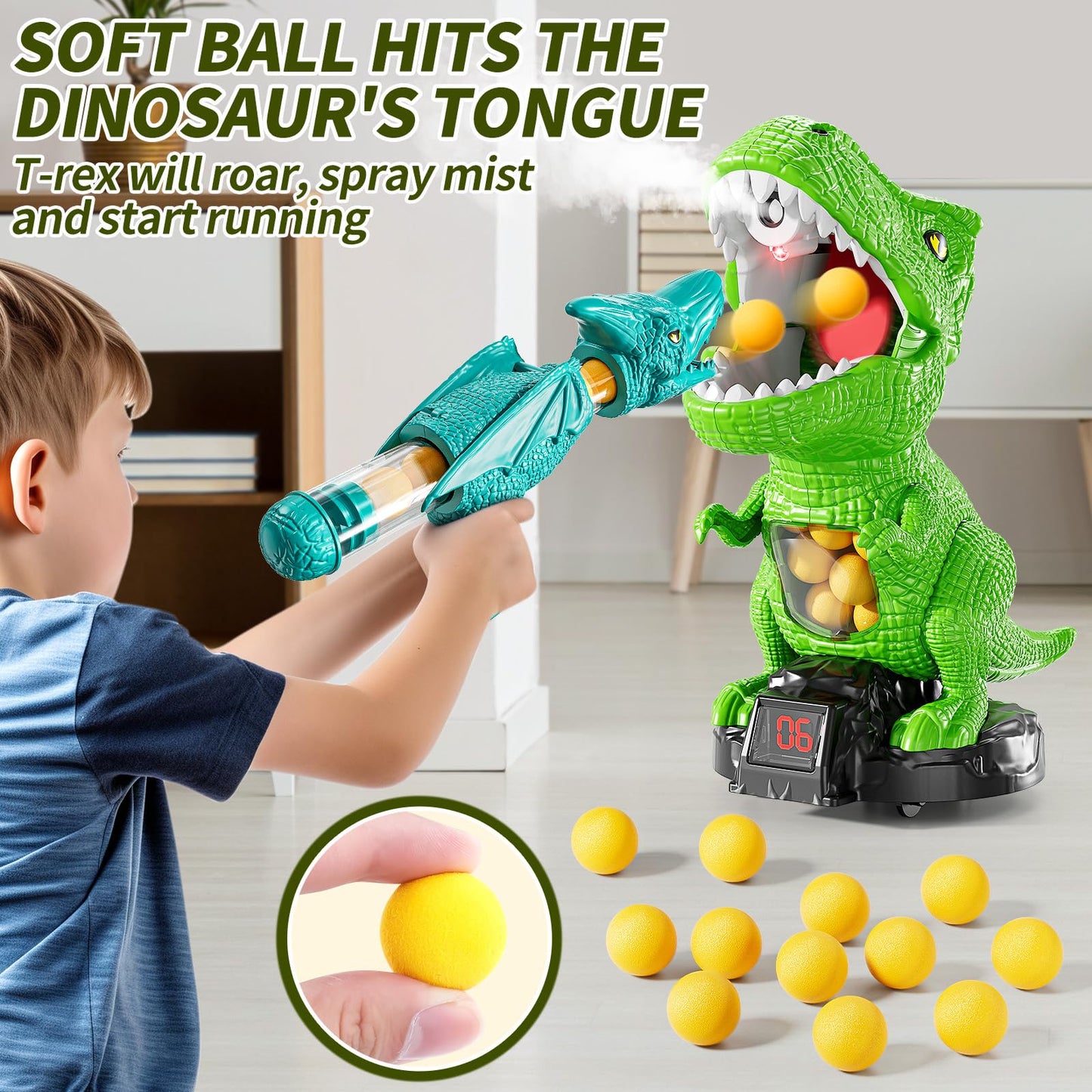 JUKUDAHU Dinosaur Shooting Toy for Kids 3-8 — Scoreboard, Light & Sound, 12 Foam Balls