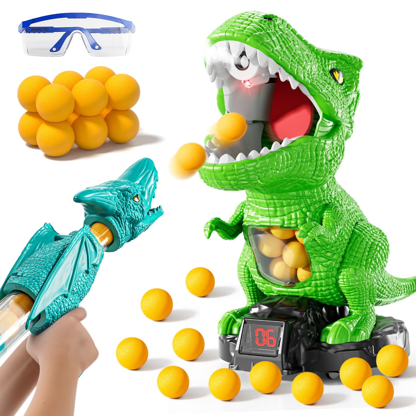 JUKUDAHU Dinosaur Shooting Toy for Kids 3-8 — Scoreboard, Light & Sound, 12 Foam Balls