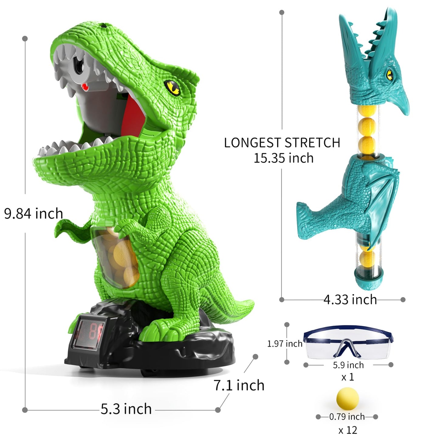 JUKUDAHU Dinosaur Shooting Toy for Kids 3-8 — Scoreboard, Light & Sound, 12 Foam Balls