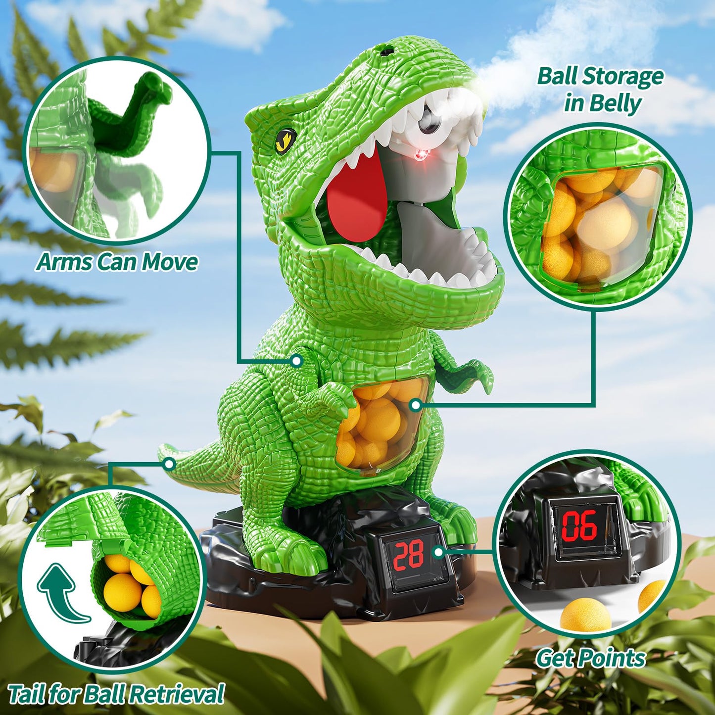 JUKUDAHU Dinosaur Shooting Toy for Kids 3-8 — Scoreboard, Light & Sound, 12 Foam Balls