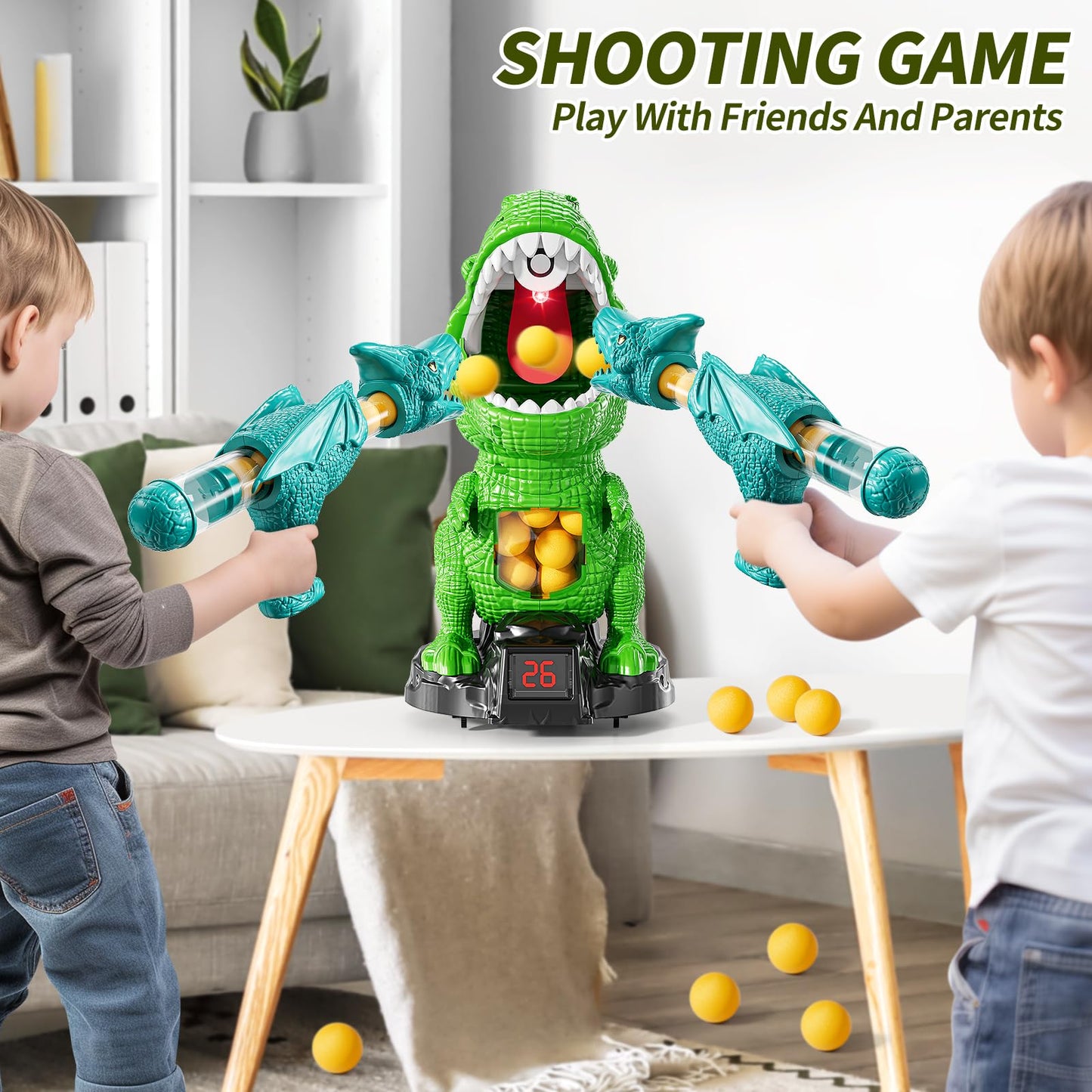 JUKUDAHU Dinosaur Shooting Toy for Kids 3-8 — Scoreboard, Light & Sound, 12 Foam Balls