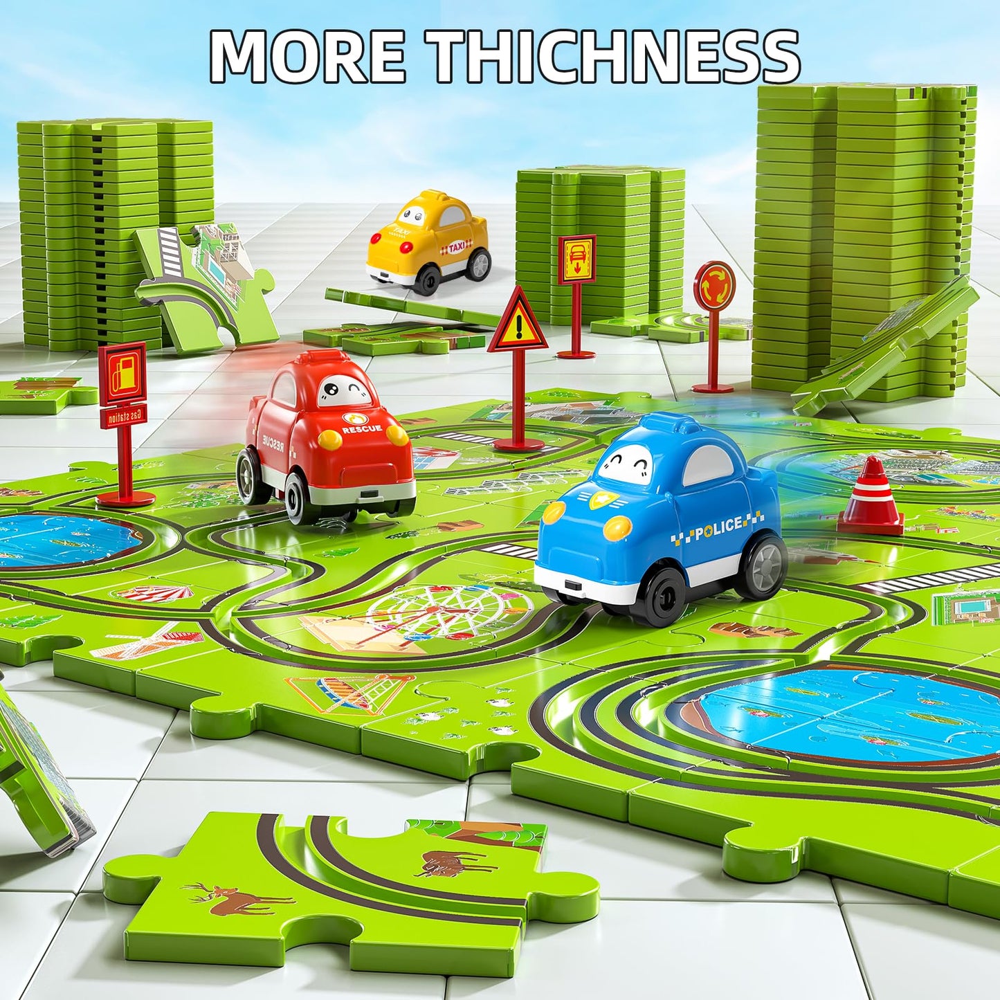 JUKUDAHU 64-Piece City Puzzle Race Track Car Set for Kids Aged 3–6