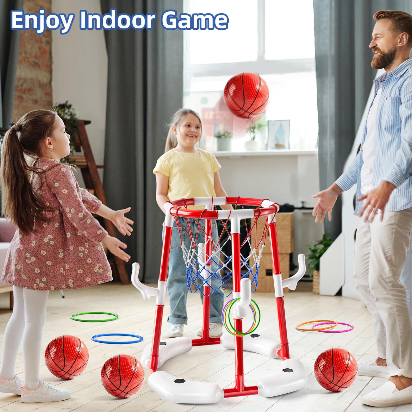 JUKUDAHU Floating Pool Basketball Hoop Toy for Kids – 4 Balls + Pump (Red)