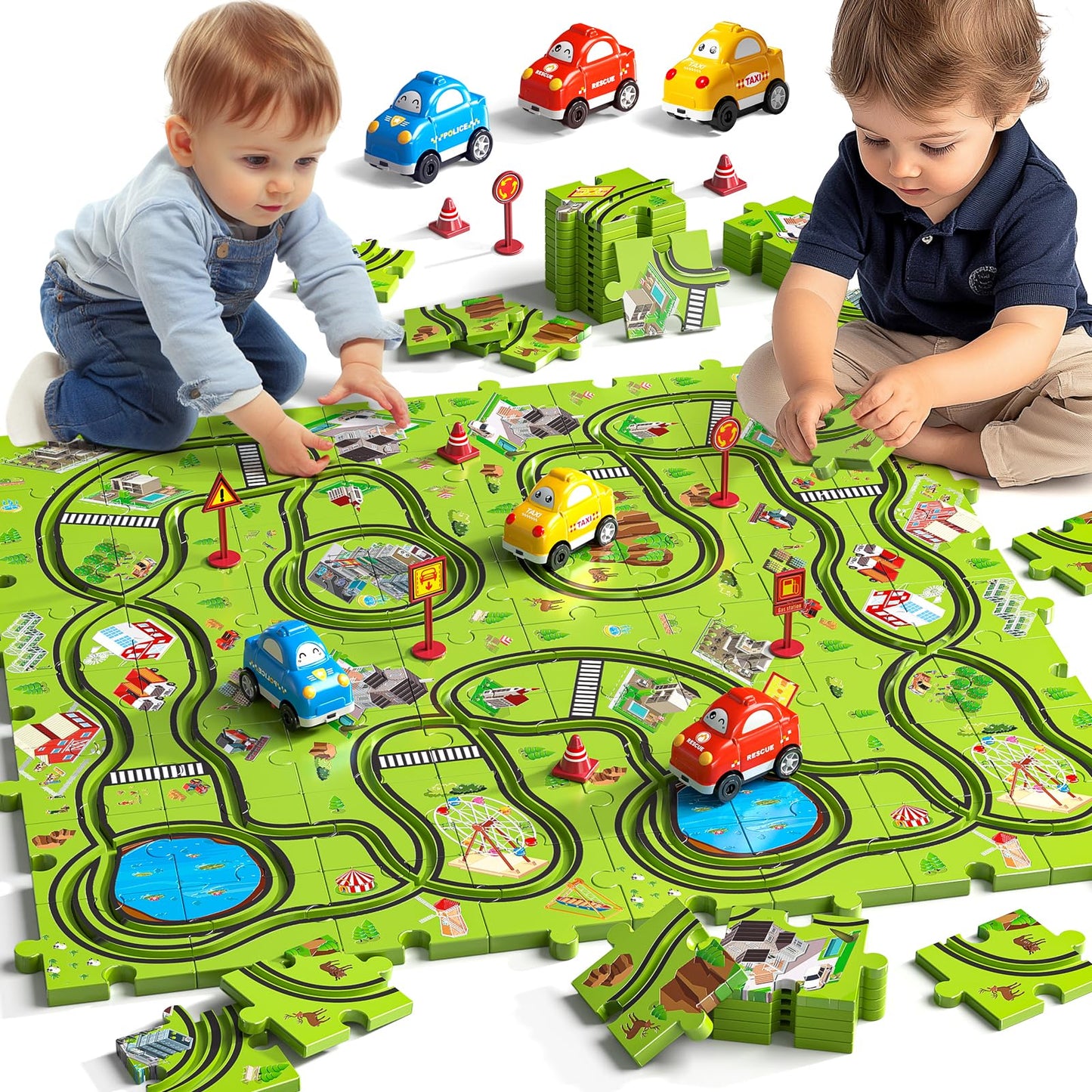 JUKUDAHU 64-Piece City Puzzle Race Track Car Set for Kids Aged 3–6