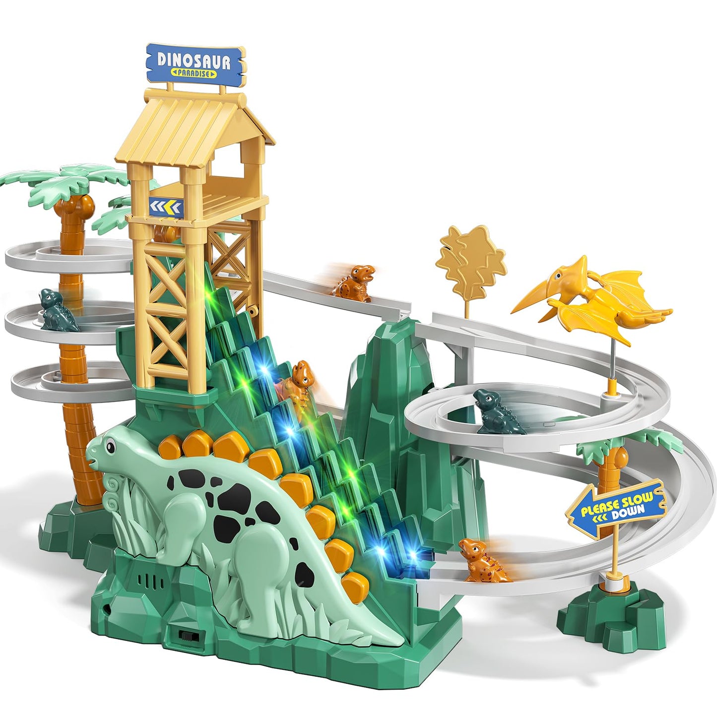 JUKUDAHU Dinosaur Climbing Slide Toy - Toddler Racing Track with Light and Music