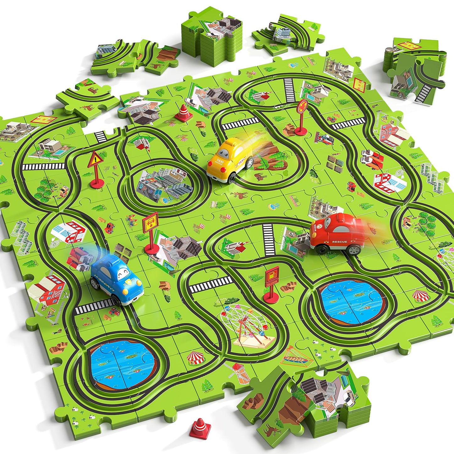JUKUDAHU 64-Piece City Puzzle Race Track Car Set for Kids Aged 3–6