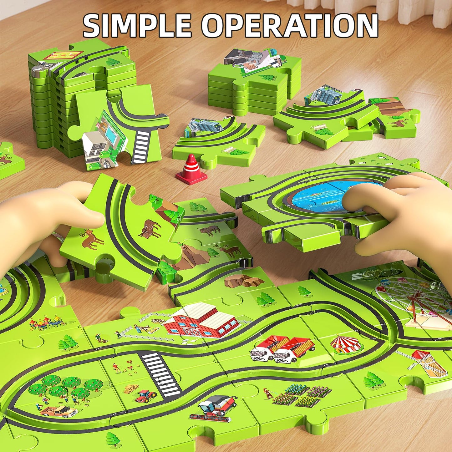 JUKUDAHU 64-Piece City Puzzle Race Track Car Set for Kids Aged 3–6