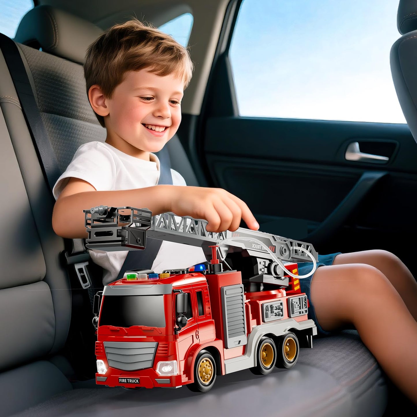 JUKUDAHU Fire Truck Toy for Kids 3-8 — Rotating Ladder, Sound & Light Playset