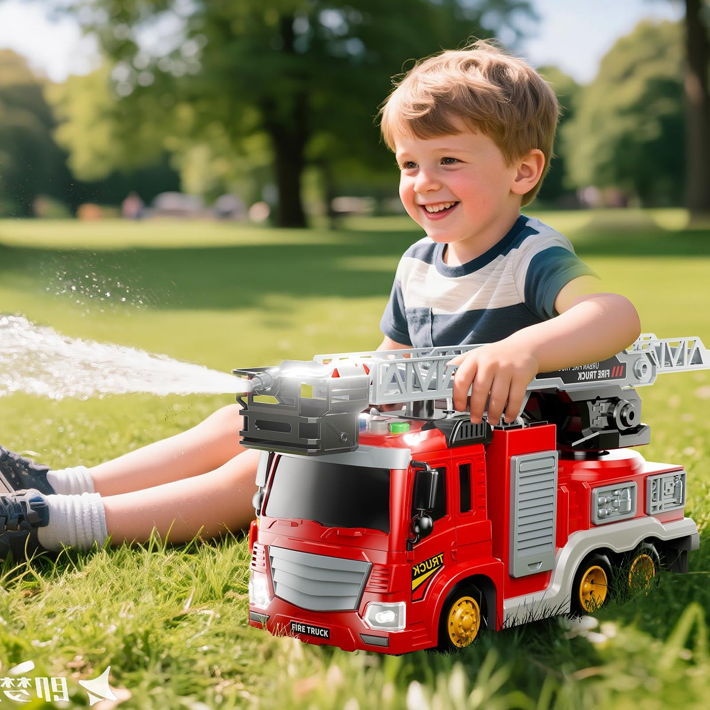 JUKUDAHU Fire Truck Toy for Kids 3-8 — Rotating Ladder, Sound & Light Playset