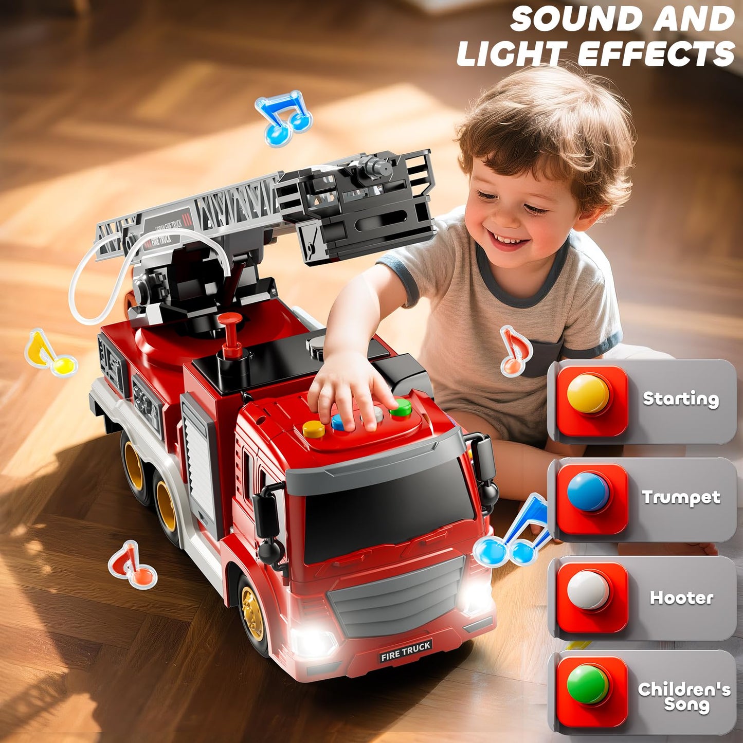 JUKUDAHU Fire Truck Toy for Kids 3-8 — Rotating Ladder, Sound & Light Playset