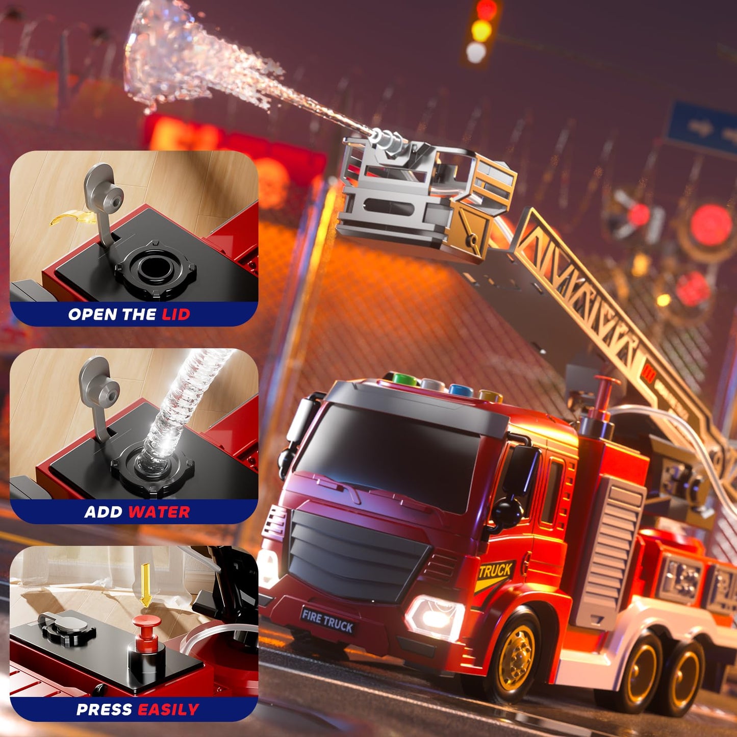 JUKUDAHU Fire Truck Toy for Kids 3-8 — Rotating Ladder, Sound & Light Playset